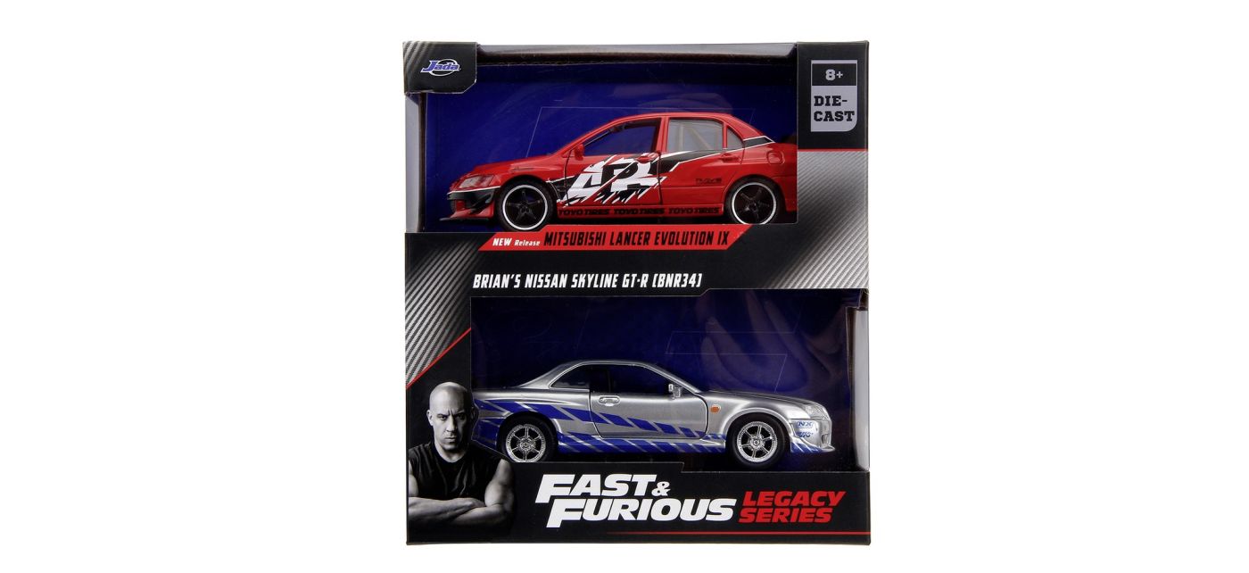 Mașinuțe de jucărie - JADA FAST AND FURIOUS SET 2 MASINUTE METALICE MITSUBISHI LANCER EVOLUTION IX SI BRIANS NISSAN SKYLINE GT R SCARA 1 LA 32