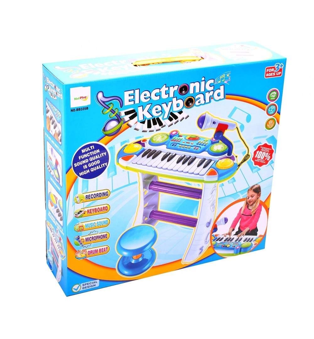 Jucării și jocuri - INSTRUMENT MUZICAL PIANINA ELECTRONICA MALPLAY CU SCAUN SI MICROFON 45 CM INALTIME ALBASTRU