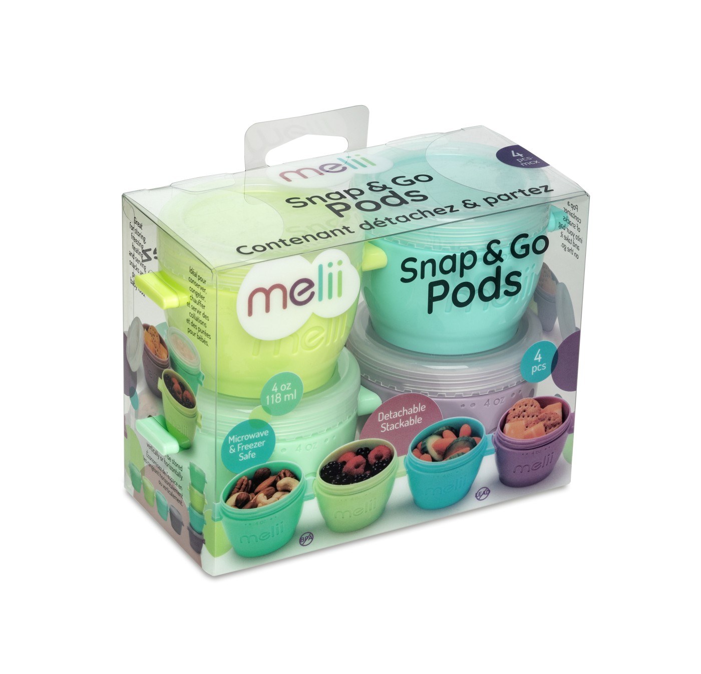 Jucării și articole pentru bebeluși - SET 4 RECIPIENTE PLASTIC SNAP&GO, MELII, 118 ML