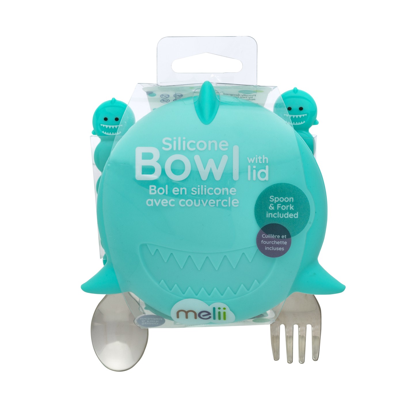 Accesorii hrănire bebe - CASTRONEL SILICON CU CAPAC SI TACAMURI, MELII, MODEL RECHIN