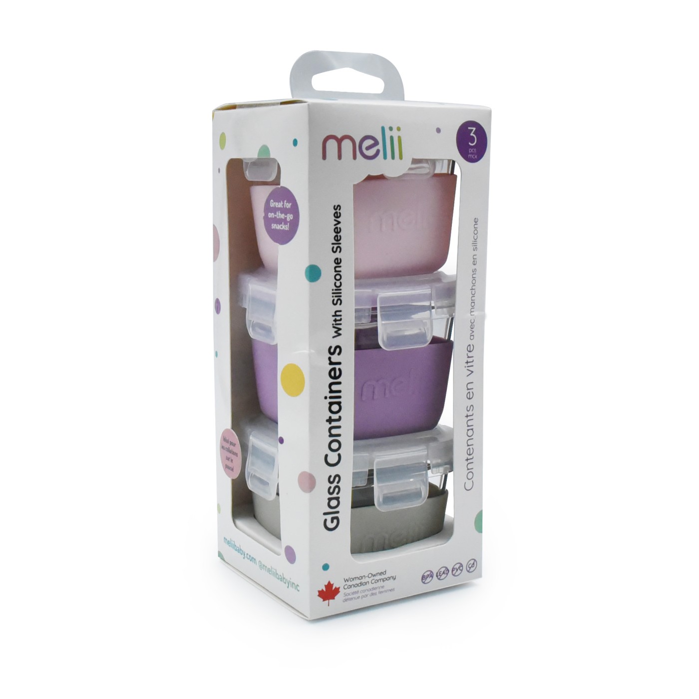 Accesorii hrănire bebe - SET 3 RECIPIENTE STICLA 3 160ML CU HUSA ANTIDERAPANTA SILICON MELII ROZ MOV GRI