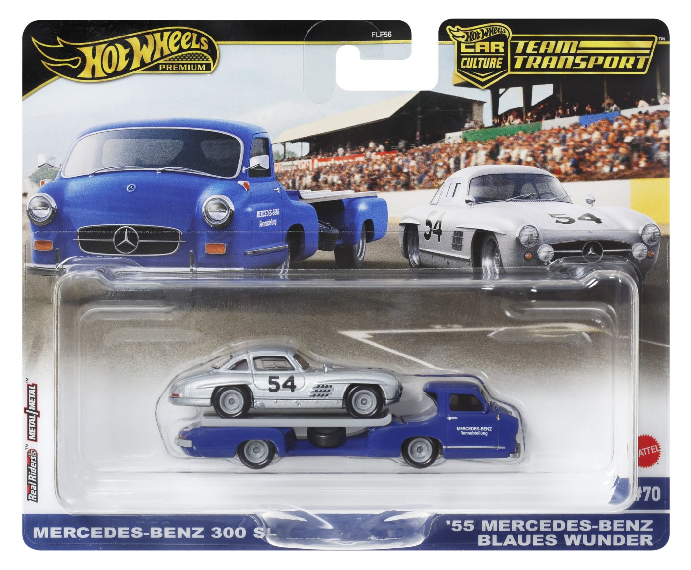 Jucării și jocuri - HOT WHEELS TRANSPORTATOR  MERCEDES-BENZ 55 BLAUES WUNDER CU MASINUTA MERCEDES-BENZ 300 SL SCARA 1:64