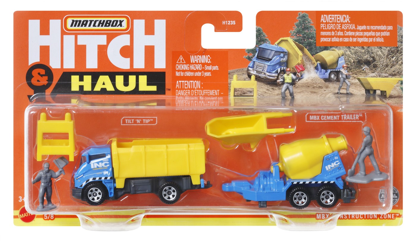 Jucării și jocuri - MATCHBOX HITCH&HAUL SET 2 VEHICULE MBX CONSTRUCTION ZONE TILT N TIP MBX CEMENT TRAILER SCARA 1:64