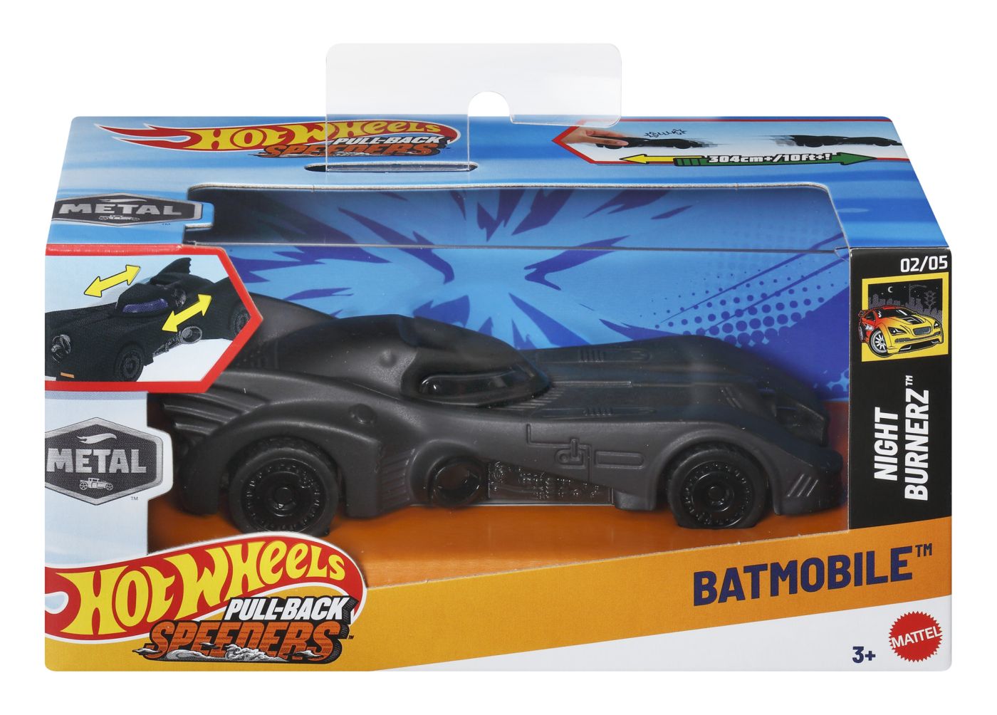 Jucării și jocuri - HOT WHEELS MASINUTA METALICA CU SISTEM PULL BACK BATMOBILE NIGHT BURNERZ SCARA 1:43