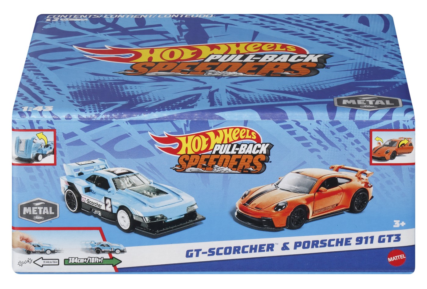 Jucării și jocuri - HOT WHEELS SET 2 MASINUTE METALICE PULL BACK GT-SCORCHER SI PORSCHE 911 GT3 1:43
