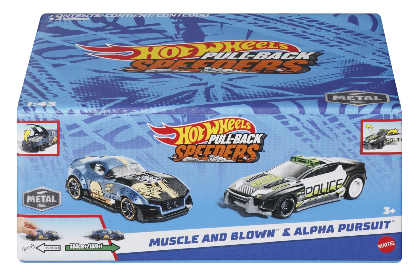 Jucării și jocuri - HOT WHEELS SET 2 MASINUTE METALICE PULL BACK MUSCLE AND BLOWN SI ALPHA PURSUIT 1:43
