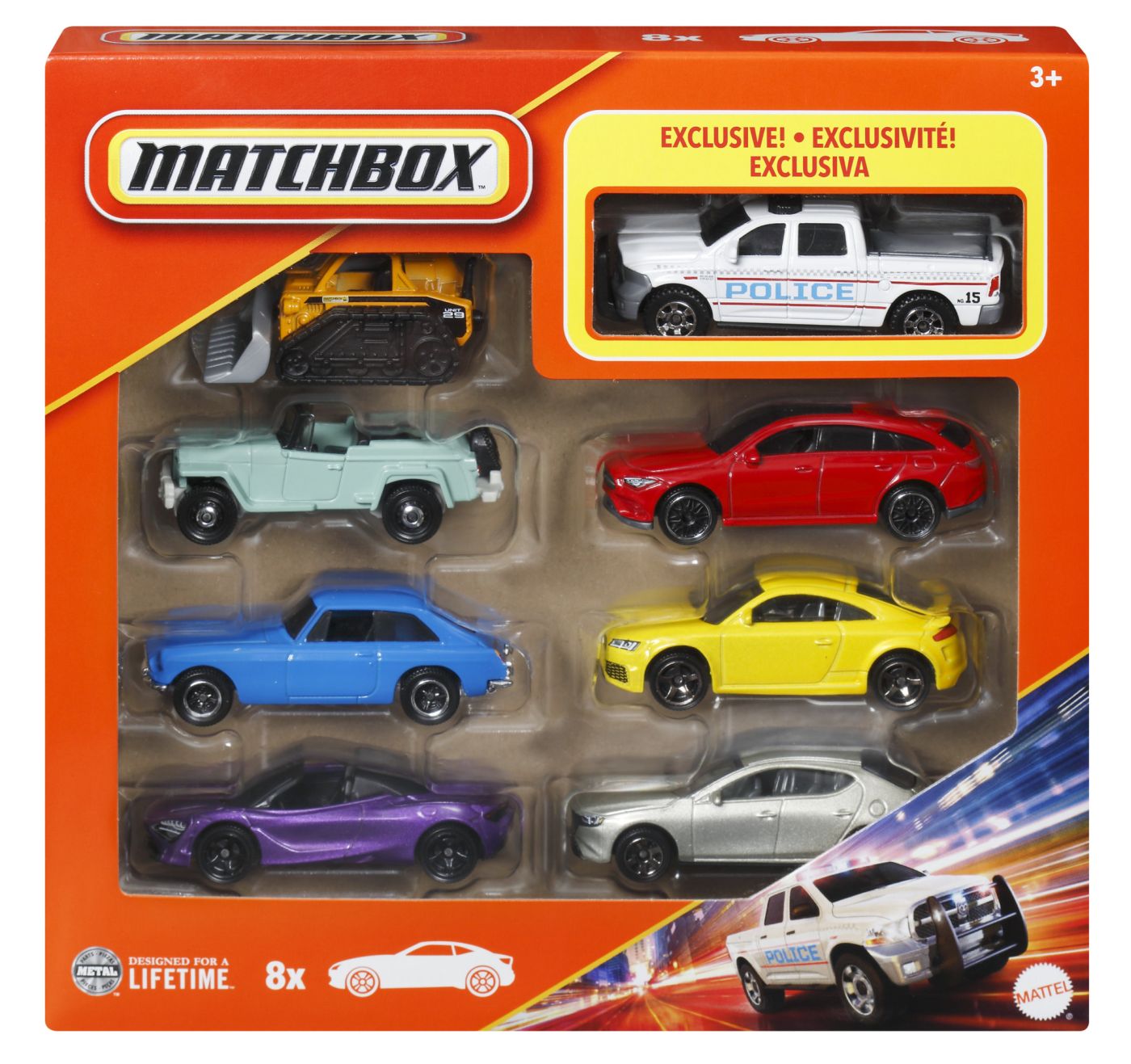 Jucării și jocuri - MATCHBOX SET 8 MASINUTE METALICE EXCLUSIV CAMIONETA POLITIEI SCARA 1 LA 64