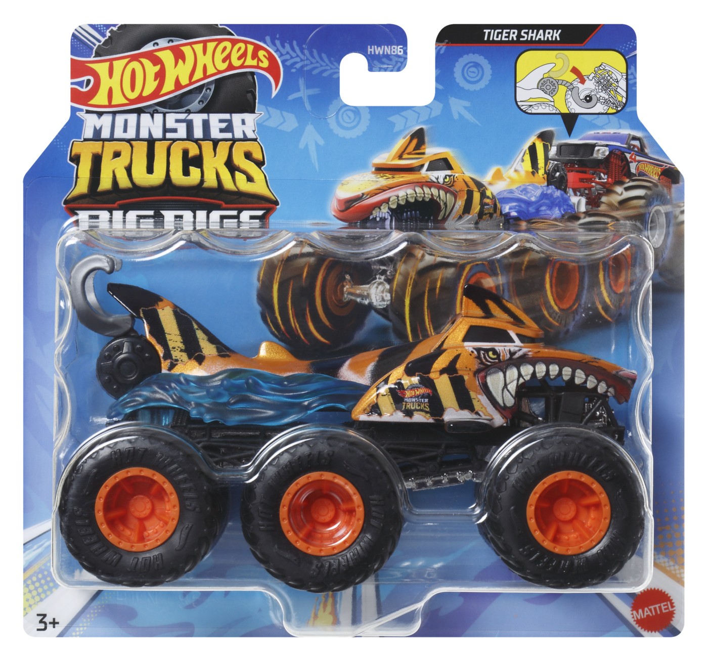 Jucării și jocuri - HOT WHEELS MONSTER TRUCK BIG RIGS MASINUTA METALICA CU 6 ROTI TIGER SHARK SCARA 1:64