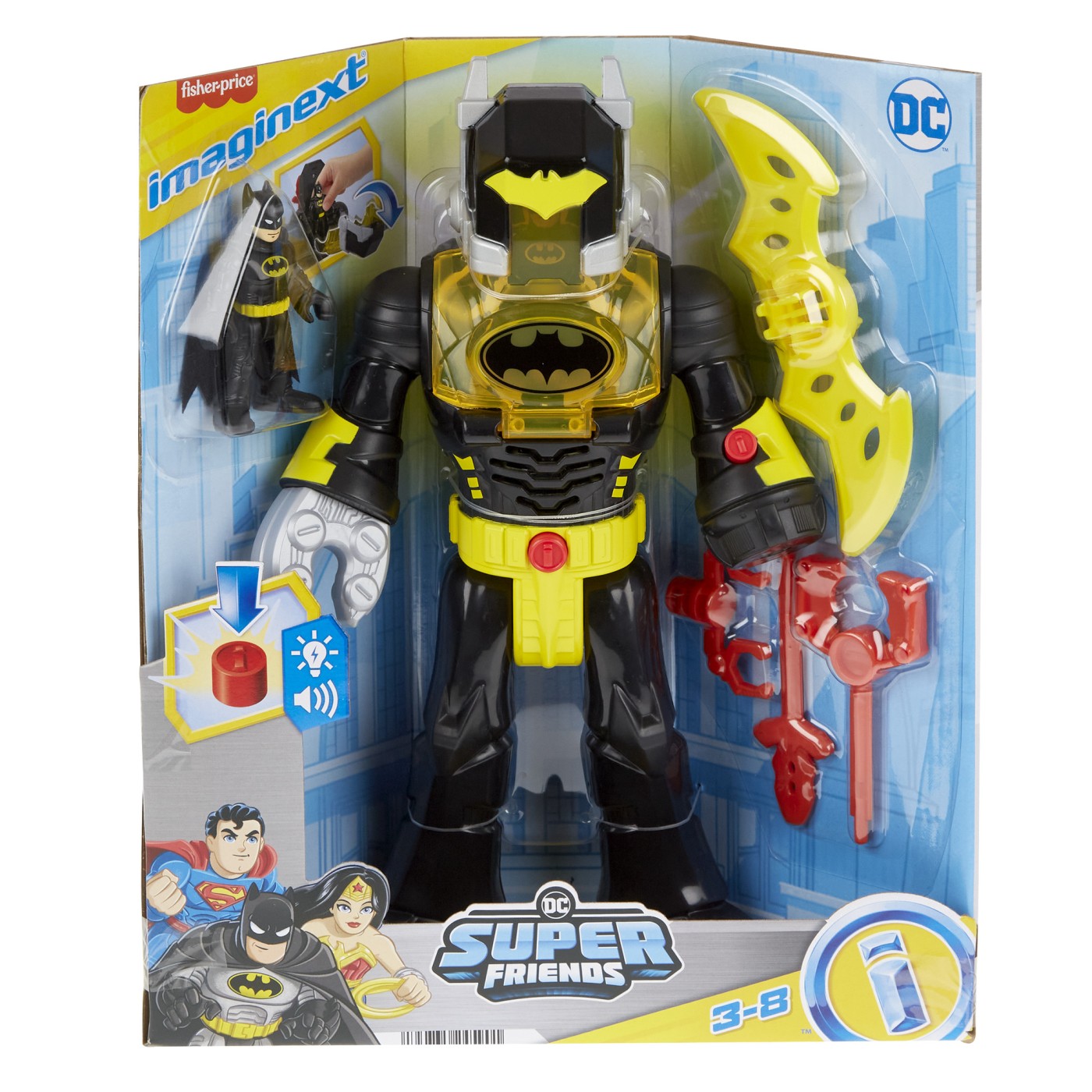 Roboți - FISHER PRICE IMAGINEXT DC SUPER FRIENDS SET FIGURINA BATMAN SI COSTUM EXO CU LUMINI SI SUNETE