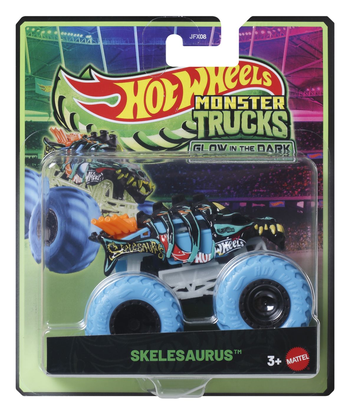 Jucării și jocuri - HOT WHEELS MONSTER TRUCK GLOW IN THE DARK MASINUTA SKELESAURUS SCARA 1 LA 64