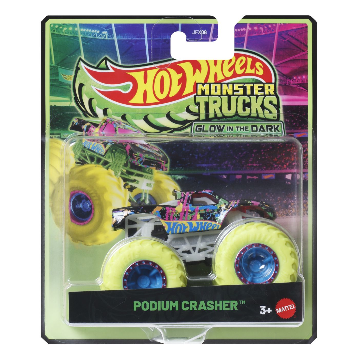 Jucării și jocuri - HOT WHEELS MONSTER TRUCK GLOW IN THE DARK MASINUTA PODIUM CRASHER SCARA 1 LA 64
