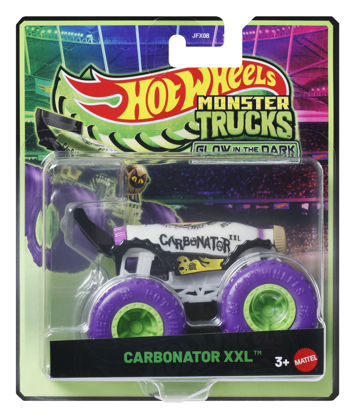 Jucării și jocuri - HOT WHEELS MONSTER TRUCK GLOW IN THE DARK MASINUTA CARBONATOR XXL CU ROTI MOV SCARA 1 LA 64