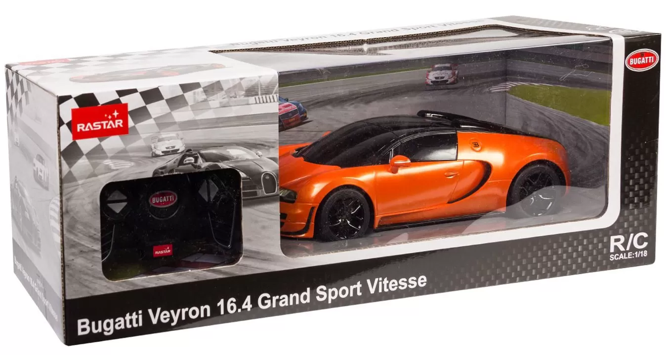 MASINA CU TELECOMANDA BUGATTI GRAND SPORT VITESSE PORTOCALIE CU SCARA 1 LA 18